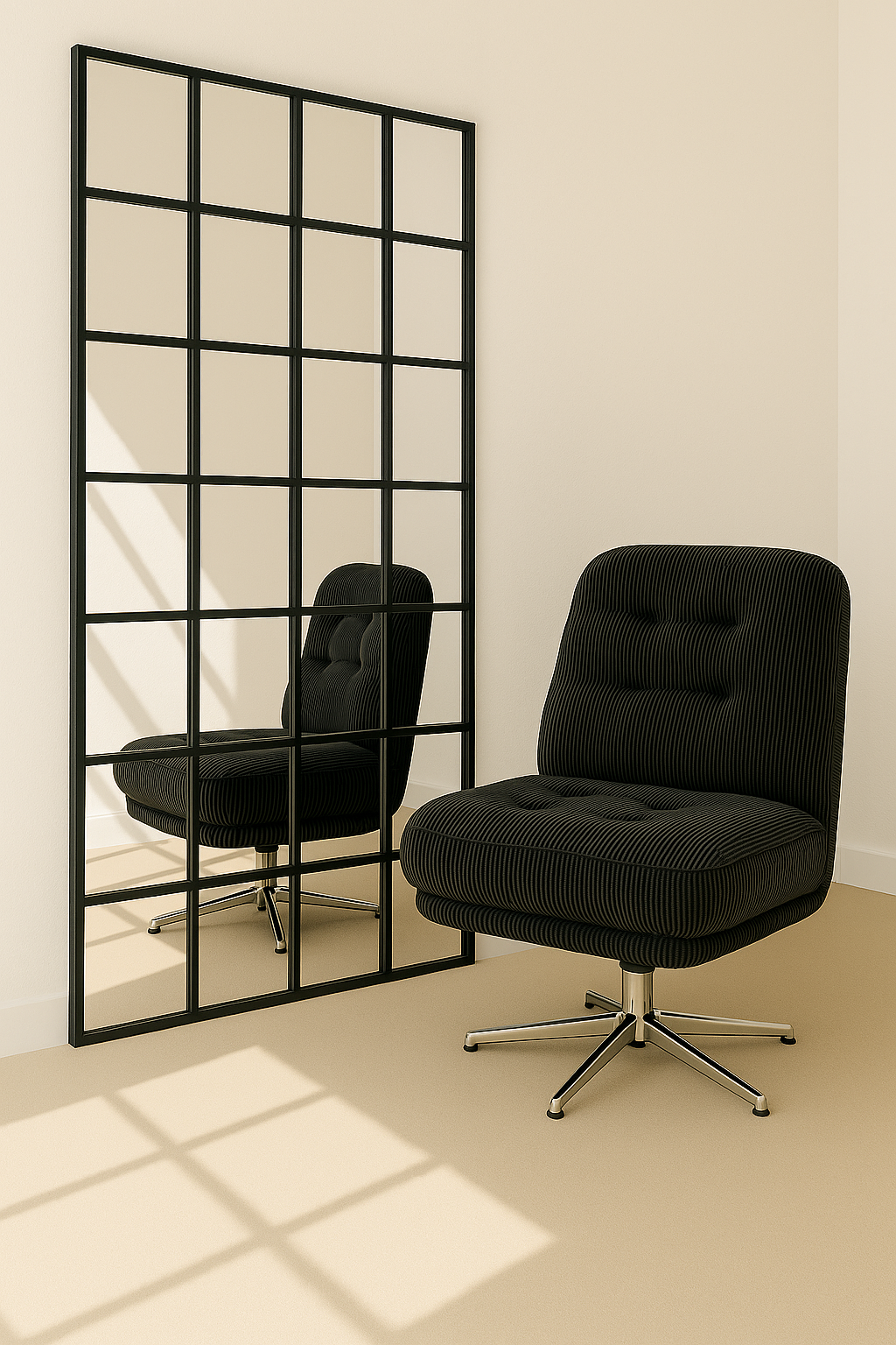 Modernes Interieur im BAY STUDIO Fürth mit schwarzem Loungesessel und großem Industrial-Spiegel bei natürlichem Tageslicht.