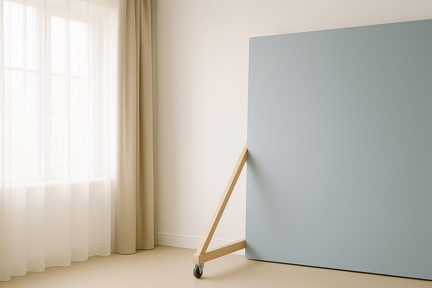 Rollbare Wand im BAY STUDIO Fürth mit Tageslicht und hellen Vorhängen – ideal für flexible Foto-Setups und kreative Hintergründe.