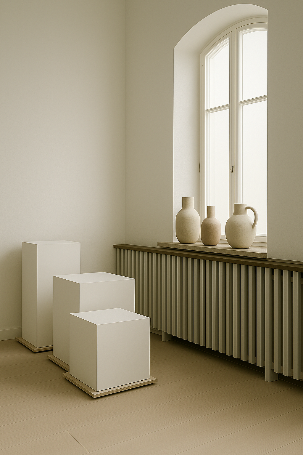 Studiowürfel im BAY STUDIO Fürth mit Fensterbank und Keramikvasen – minimalistische Deko für Produktshootings & Setgestaltung.